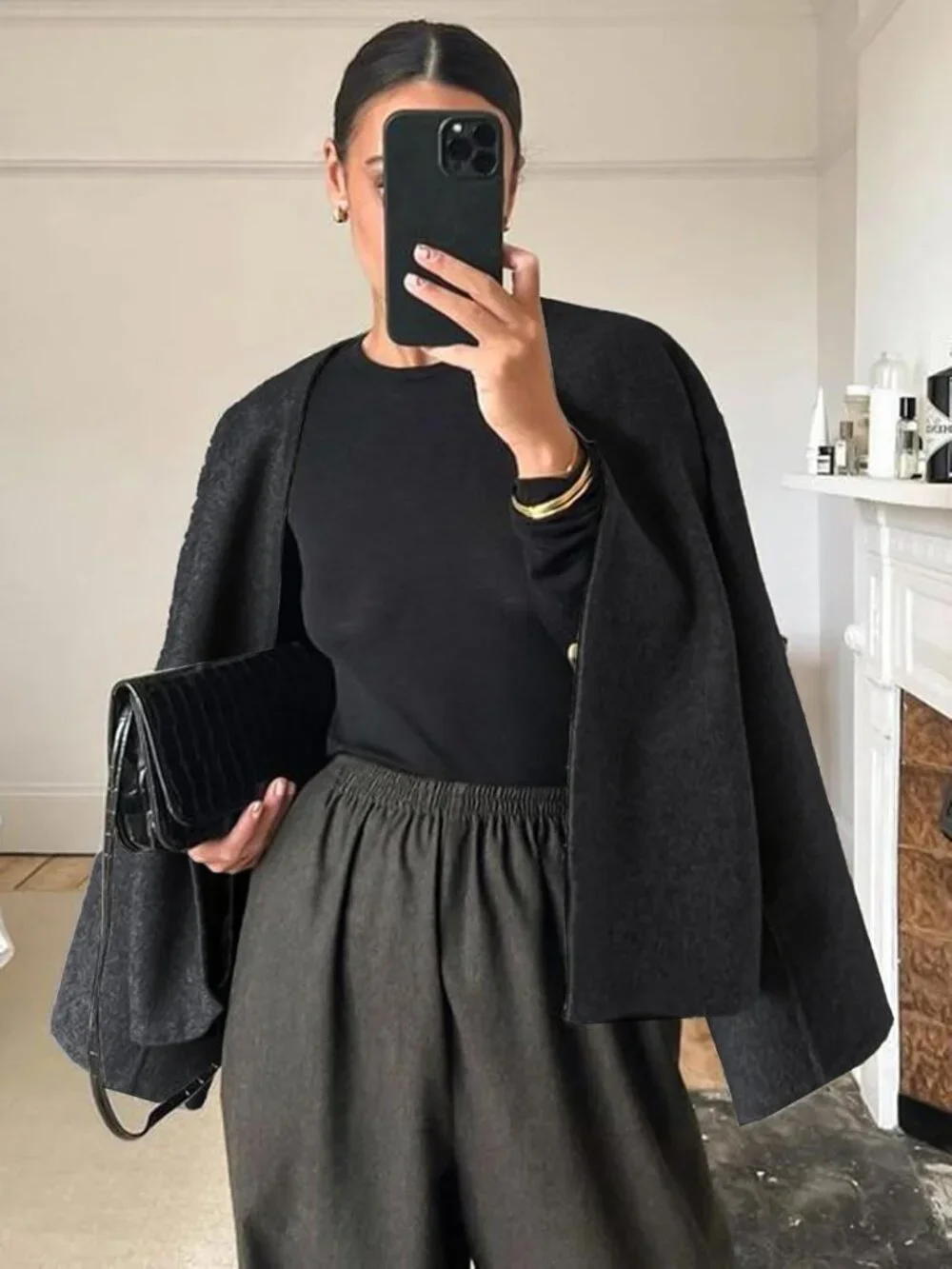 Women's Grey Wool Blend Collarless Cropped Long Sleeve Short Fall Pea Overcoat